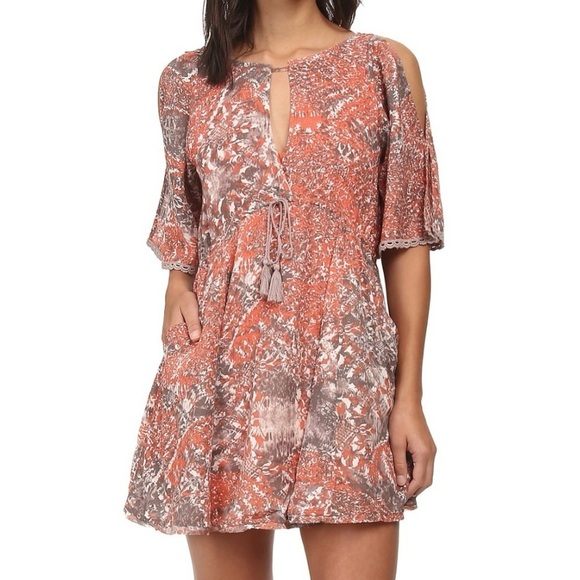 Free People Dresses & Skirts - FREE PEOPLE Love Birds Mini Dress Paisley Cold Shoulder Orange Boho Size Medium